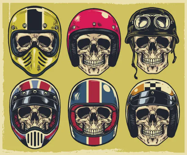 Vector illustration of Set of hand drawing skulls wearing various of motorcycle helmet