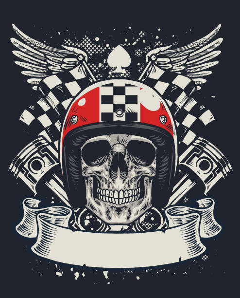 skull of biker in t-shirt style design vector of skull of biker in t-shirt style design throttle stock illustrations