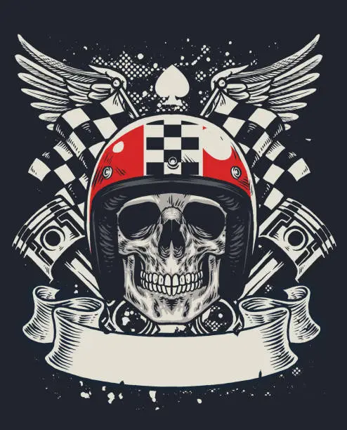 Vector illustration of skull of biker in t-shirt style design