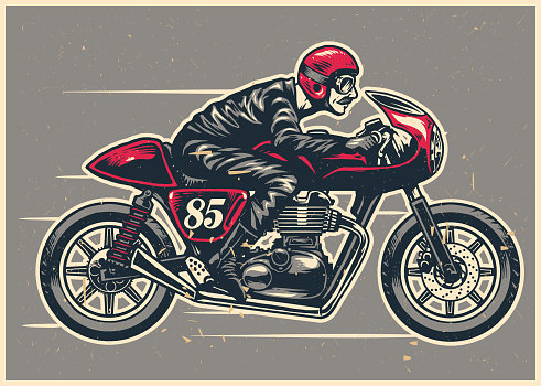 vector of hand drawing man riding a cafe racer