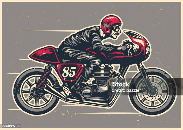 Hand Drawing Man Riding A Cafe Racer Stock Illustration - Download Image Now - Motorcycle, Retro Style, Old-fashioned