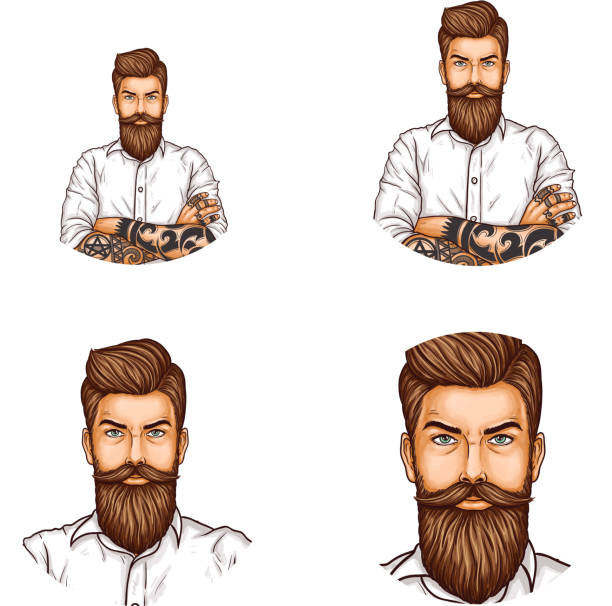 Set of vector pop art round avatar icon for users of social networking, blogs, profile icons Set of vector pop art round avatar icons for users of social networking, blogs, profile icons. Confident hipster man with a mustache and beard folded his arms on his chest chest tattoos for men designs stock illustrations