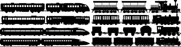 ilustrações de stock, clip art, desenhos animados e ícones de highly detailed train silhouettes - train line