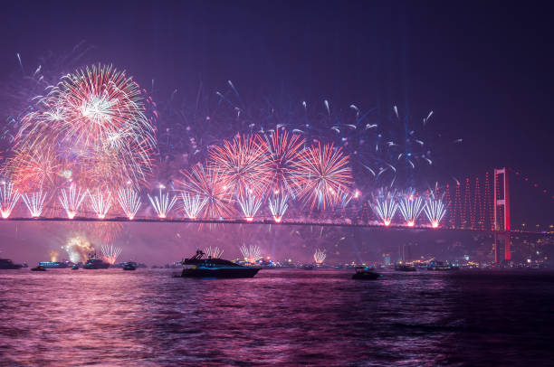 istock Fireworks over Istanbul Bosphorus during Turkish Republic Day celebrations. 15th July Martyrs Bridge (15 Temmuz Sehitler Koprusu). Istanbul, Turkey. 866860308