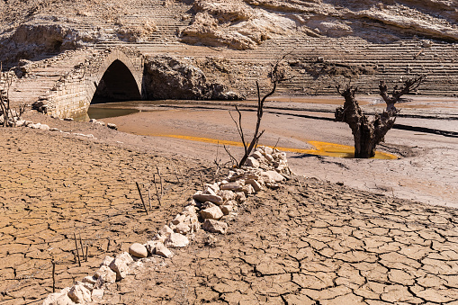 because of the drought in the province of Rioja, the lowering of the water level makes the sunken village reappear when the dam was created in the 1950s