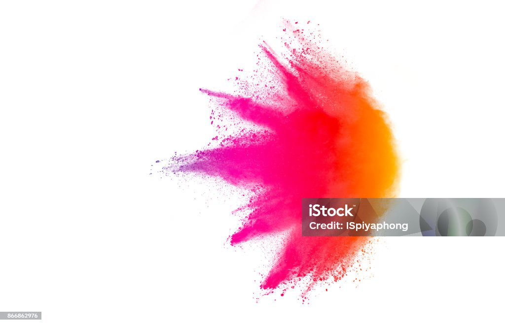 Freeze motion of colored powder explosions isolated on white background Exploding Stock Photo