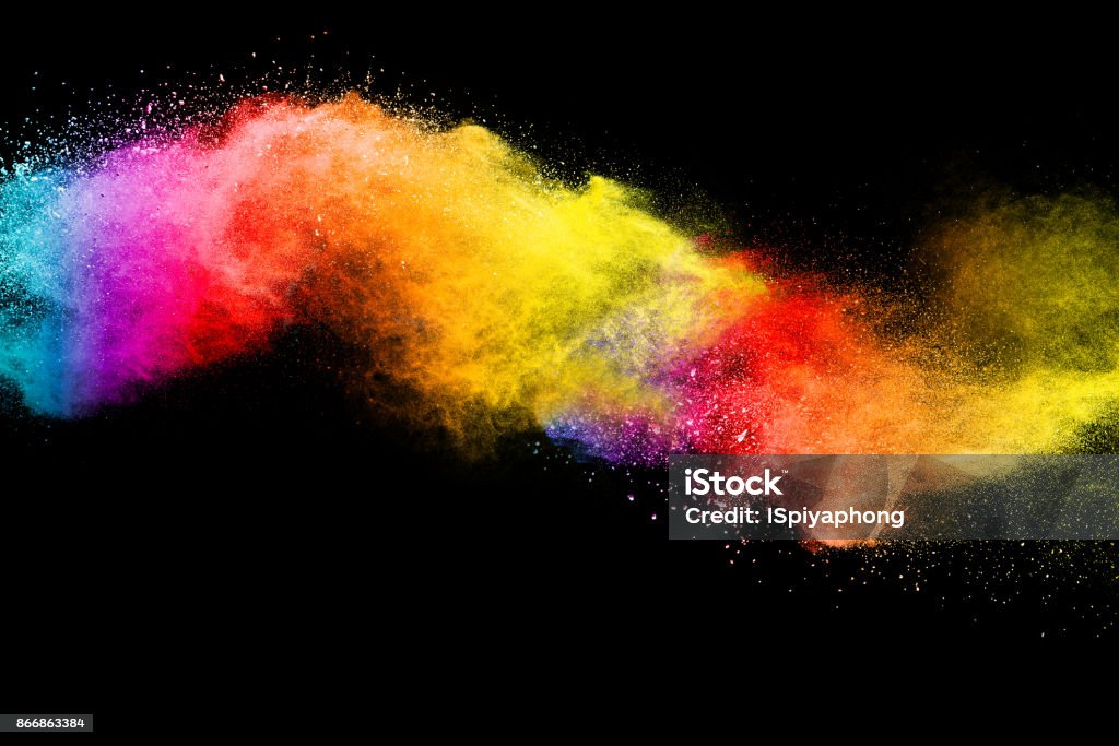 Freeze motion of colored powder explosions isolated on black background Abstract Stock Photo