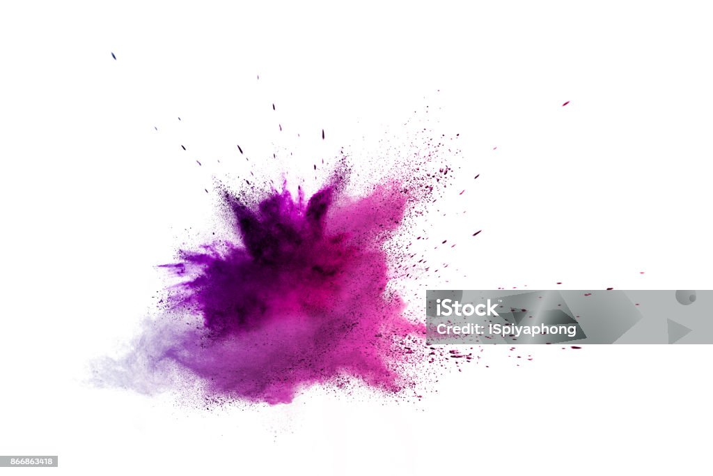 Freeze motion of colored powder explosions isolated on white background Exploding Stock Photo