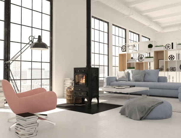 istock 3d rendering. living room with cast iron fireplace in modern loft apartment. 866863820