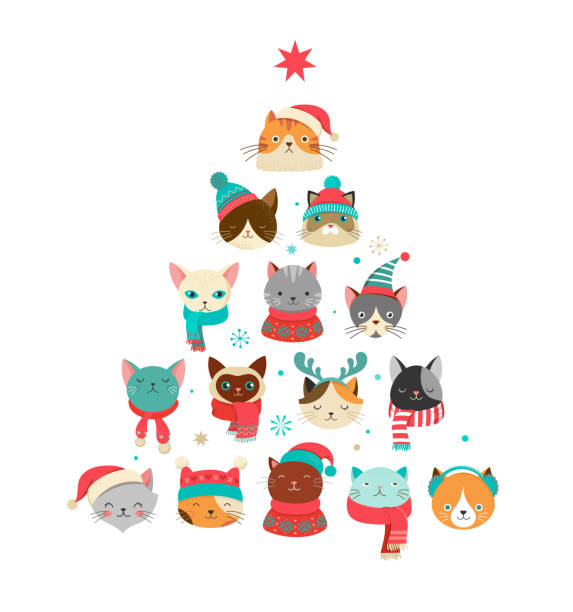 Merry Christmas greeting card with cute Xmas tree with cats heads Collection of Christmas cats, Merry Christmas illustrations of cute cats with accessories like a knited hats, sweaters, scarfs cat in santa hat stock illustrations