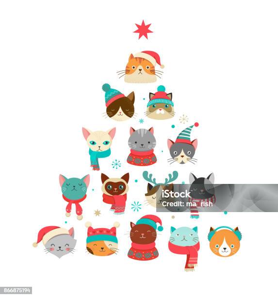 Merry Christmas Greeting Card With Cute Xmas Tree With Cats Heads Stock Illustration - Download Image Now
