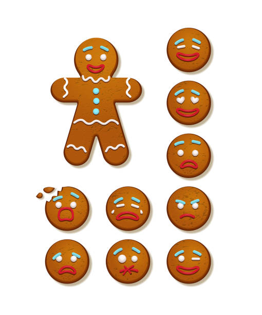 illustrations, cliparts, dessins animés et icônes de homme de pain d’épice et ensemble de pain d’épice homme visages. éléments de vacances vecteur noël et nouvel an. - isolated on white baked bakery biscuit