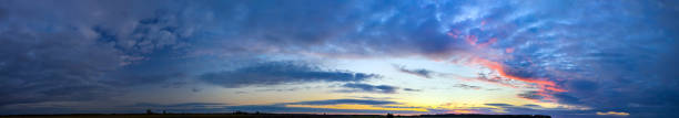landscape panorama with blue sky, clouds and sunset.
