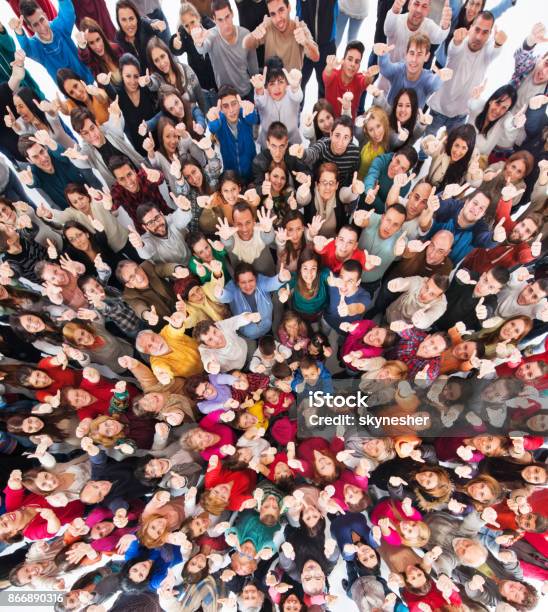 High Angle View Of Crowd Of People Showing Thumbs Up Stock Photo - Download Image Now