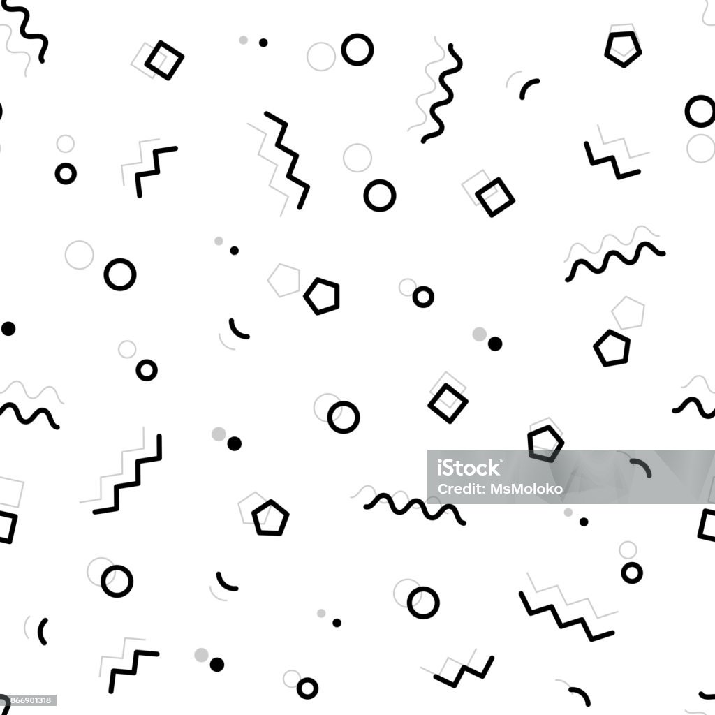 Noir et blanc motif géométrique géométrique avec lignes zig-zag, triangles, carrés, vagues, hexagones et cercles. style de graphisme années 80 et 90. Arrière-plan transparent vecteur - clipart vectoriel de Zigzag libre de droits