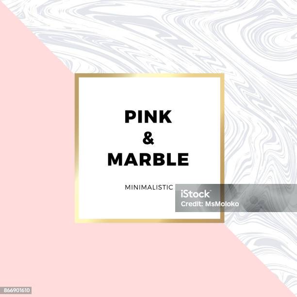 Trendy Pink Geometric Card Or Flyer Design Wiht Contrast Shapes Marble Texture Gold Frame And Space For Text Vector Illustration Stock Illustration - Download Image Now