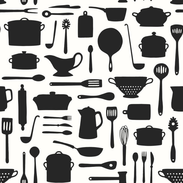 ilustrações, clipart, desenhos animados e ícones de utensílios de cozinha sem costura padrão - panela