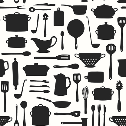 Hand drawn kitchenware and cutlery pattern
