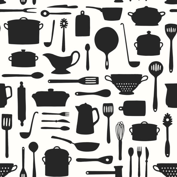 Seamless Kitchenware Pattern Hand drawn kitchenware and cutlery pattern kitchen utensil stock illustrations