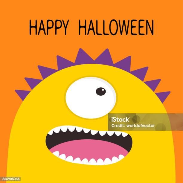 Happy Halloween Card Monster Head With One Eye Teeth Tongue Yellow Color  Funny Cute Cartoon Character Baby Collection Flat Design Orange Background  Stock Illustration - Download Image Now - iStock