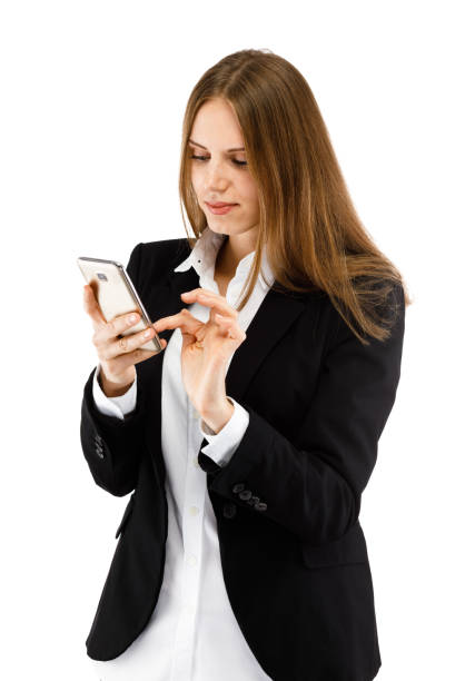 istock Young attractive businesswoman using smartphone on white background 866909612