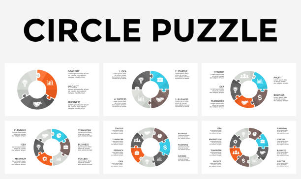 Vector circle arrows puzzle infographic, cycle diagram, graph, presentation chart. Business concept with 3, 4, 5, 6, 7, 8 options, parts, steps, processes Circle arrows diagram for graph infographic presentation with steps parts options. jigsaw puzzle stock illustrations