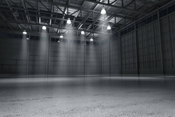 entrepôt vide sombre salle d’exposition automobile représentation en 3d - high ceiling photos et images de collection