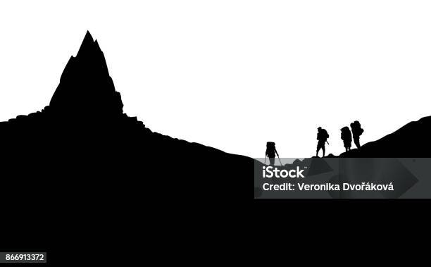 Silhouette Of Mountaineers Under The Peak Stock Illustration - Download Image Now - In Silhouette, Mountain Climbing, Mountain