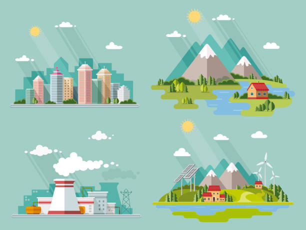 Set of icons of nature for your design. The theme of ecology, industry, city, countryside. Flat style vector illustration. Set of icons of nature for your design. The theme of ecology, industry, city, countryside. Flat style vector illustration. energy fuel and power generation city urban scene stock illustrations