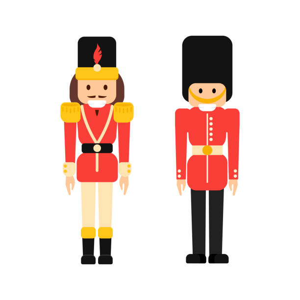 Nutcrackers soldiers in flat style Vector set of flat nutcrackers soldiers - classic wooden ballet dancer figurine and British guard toy in lineart style, color flat modern illustration. toy soldier stock illustrations