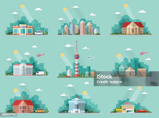 Mega Set Of Icons For Your Design School Town Hall The University Hospital Church Tv City Museum Supermarket Car Wash Bank Flat Style Vector Illustration Stock Illustration - Download Image Now