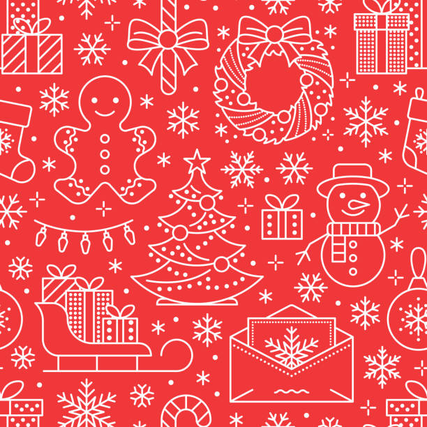 크리스마스, 새 해 완벽 한 패턴, 라인 일러스트. 겨울 휴일 크리스마스 트리, 선물, 산타, 선물, 눈사람 편지의 벡터 아이콘. 축 하 파티 빨간색 흰색 반복된 배경 - cookie christmas gingerbread man candy cane stock illustrations