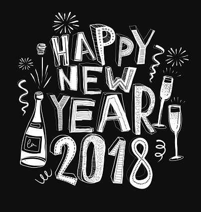 Hand-drawn new year card with a bottle of champagne, glasses, fireworks and confetti. You can edit the colors or sizes easily if you have Adobe Illustrator or other vector software. All shapes are vector.