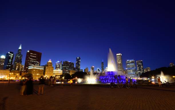 panorama dello skyline di chicago. - chicago fountain skyline night foto e immagini stock