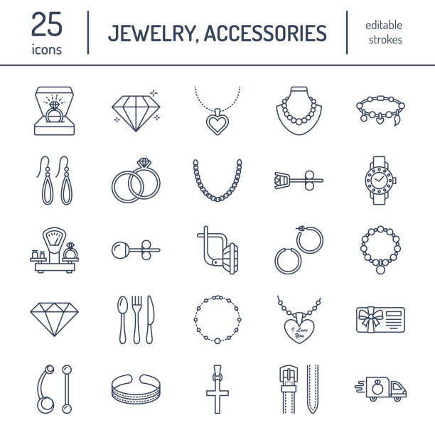 Jewelry flat line icons, jewellery store signs. Jewels accessories - gold engagement rings, gem earrings, silver chain, engraving necklaces, brilliants. Thin linear signs for fashion store Jewelry flat line icons, jewellery store signs. Jewels accessories - gold engagement rings, gem earrings, silver chain, engraving necklaces, brilliants. Thin linear signs for fashion store. drop earring stock illustrations