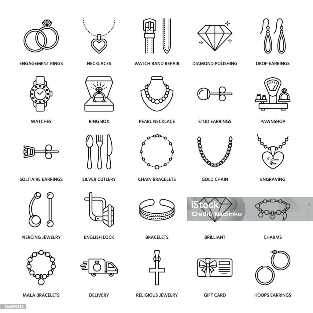 Jewelry flat line icons, jewellery store signs. Jewels accessories - gold engagement rings, gem earrings, silver chain, engraving necklaces, brilliants. Thin linear signs for fashion store Jewelry flat line icons, jewellery store signs. Jewels accessories - gold engagement rings, gem earrings, silver chain, engraving necklaces, brilliants. Thin linear signs for fashion store. Icon Symbol stock vector