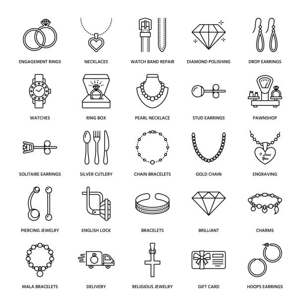 Jewelry flat line icons, jewellery store signs. Jewels accessories - gold engagement rings, gem earrings, silver chain, engraving necklaces, brilliants. Thin linear signs for fashion store Jewelry flat line icons, jewellery store signs. Jewels accessories - gold engagement rings, gem earrings, silver chain, engraving necklaces, brilliants. Thin linear signs for fashion store. wristband illustrations stock illustrations