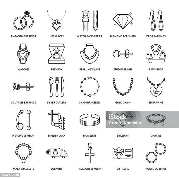Jewelry Flat Line Icons Jewellery Store Signs Jewels Accessories Gold Engagement Rings Gem Earrings Silver Chain Engraving Necklaces Brilliants Thin Linear Signs For Fashion Store Stock Illustration - Download Image Now