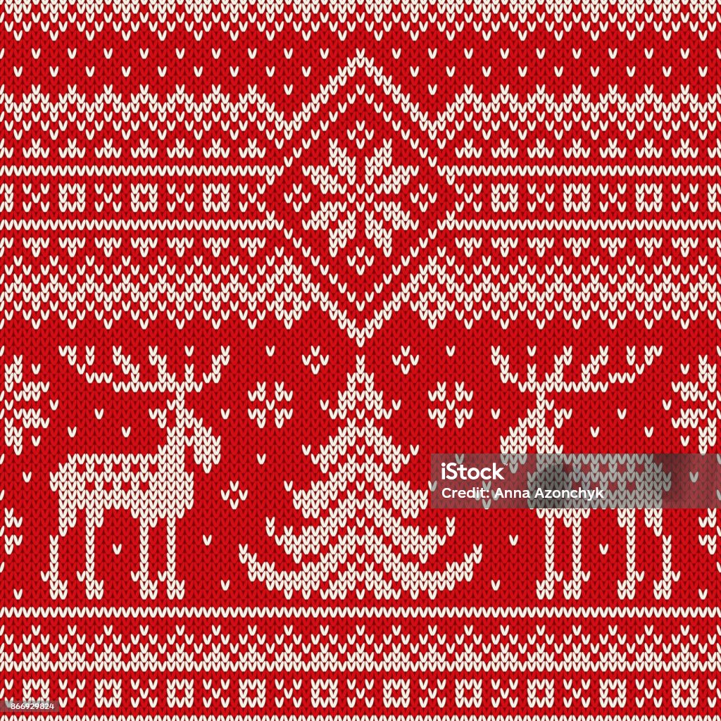 Winter Holiday Seamless Knitted Pattern with a Christmas Trees and Elks. Knitting Sweater Design. Wool Knitted Texture Seamless Pattern on the Wool Knitted Texture. EPS available Christmas Sweater stock vector