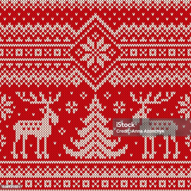 Winter Holiday Seamless Knitted Pattern With A Christmas Trees And Elks Knitting Sweater Design Wool Knitted Texture Stock Illustration - Download Image Now
