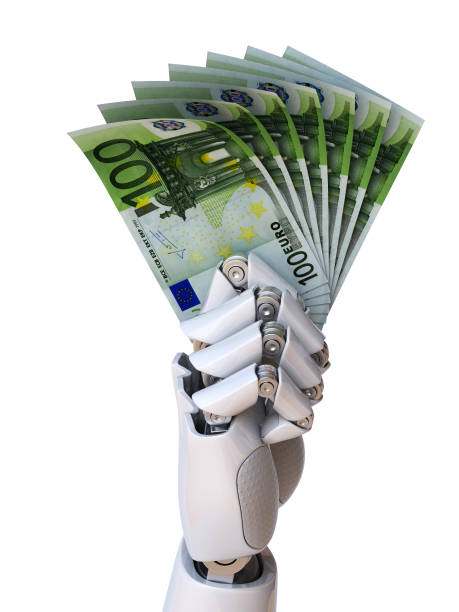 robot mano che tiene le bollette dell'euro rendering 3d - imitation currency paper currency gold foto e immagini stock