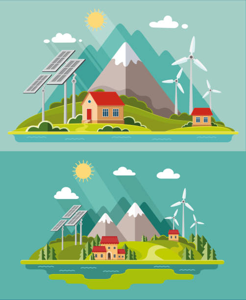 umwelt-landschaft hütten bergen im hintergrund. solar und wind energie. schutz der umwelt.  flaches design-stil-vektor-illustration. - solar flat panel stock-grafiken, -clipart, -cartoons und -symbole