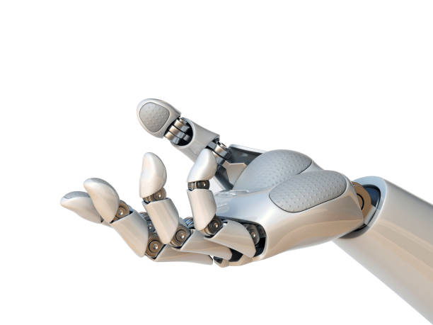 gesto di raggiungimento della mano del robot o rendering 3d dell'oggetto in possesso - artificial metal healthcare and medicine technology foto e immagini stock