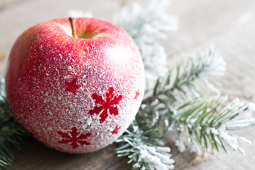 Christmas snowy apple with  tree abstract background concept closeup