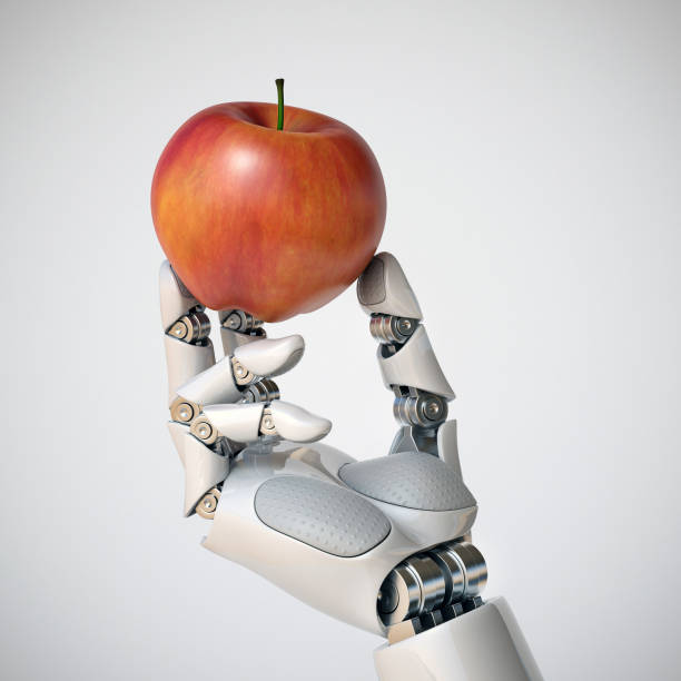 mano robotica con un rendering 3d di mela, concetto di ogm, concetto di automazione - artificial metal healthcare and medicine technology foto e immagini stock