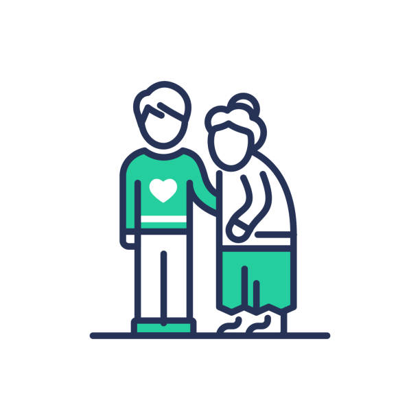 Elderly People Help - modern vector line icon. Elderly People Help - modern   vector single line design icon. An image depicting two people, a young man, son ,grandnson, a senior person, grandmother, he . Use it for your presentation. vector love care old stock illustrations