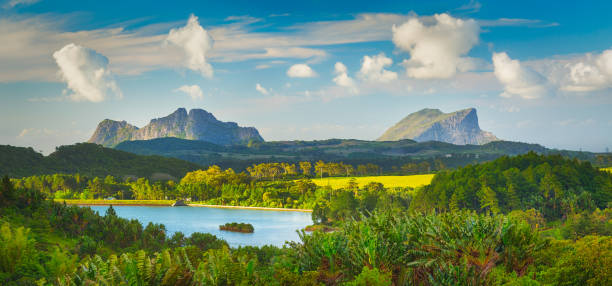 View of a lake and mountains. Mauritius. Panorama stock photo