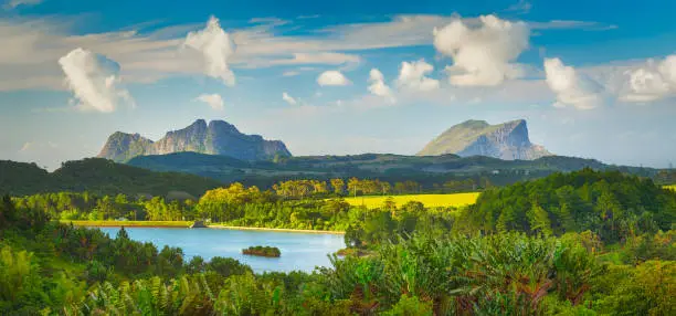 Photo of View of a lake and mountains. Mauritius. Panorama