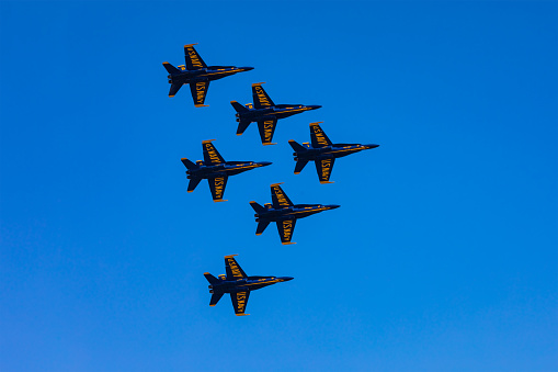 U.S. Navy Blue Angels 1-6 in a delta  formation from below in precision coordinated flight maneuvers at the 2017 Huntington Beach Air Show.