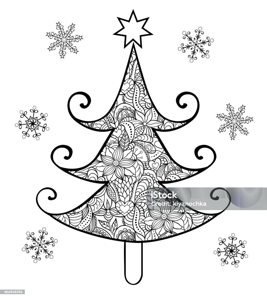 Hand drawn christmas tree Christmas tree with hand drawn floral pattern on white background.Coloring page for children and adult. Vector illustration. Christmas Tree stock vector